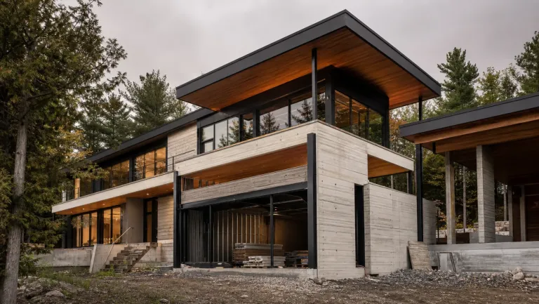 Résidence contemporaine à plusieurs niveaux construite dans un environnement boisé